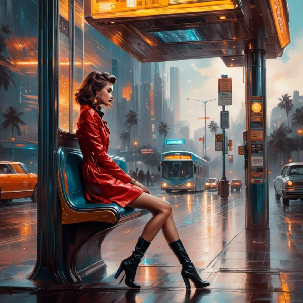 A woman waiting at the bus stop <lora:Rockabillion:1.0> 