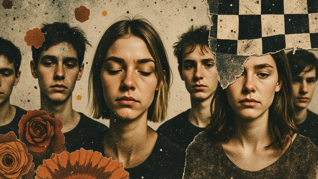 <lora:Mythprint:1.0>  mixed media surreal Elongated abstract absurd creatures in naive folk art attire dancing a conga line, adorned with vi...