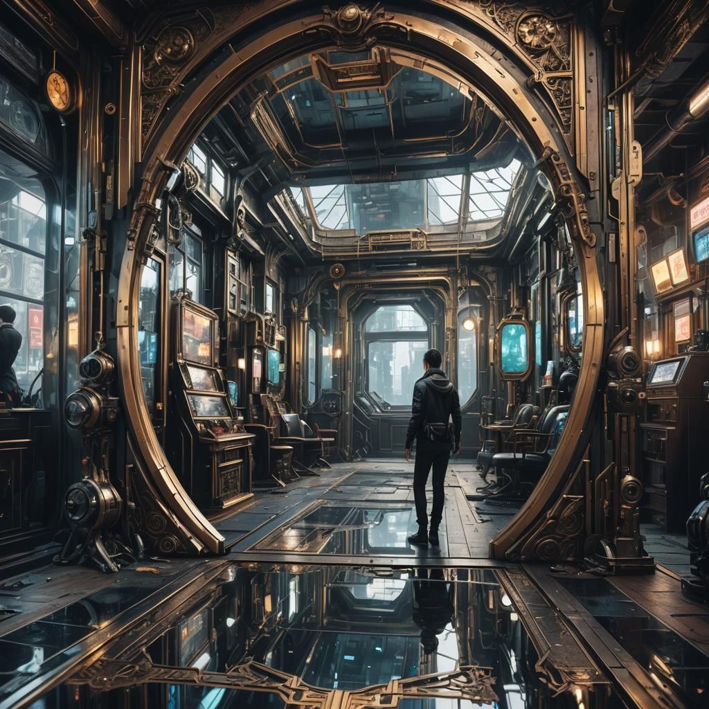 A futuristic cyberpunk world viewed in a Victorian floor mir...