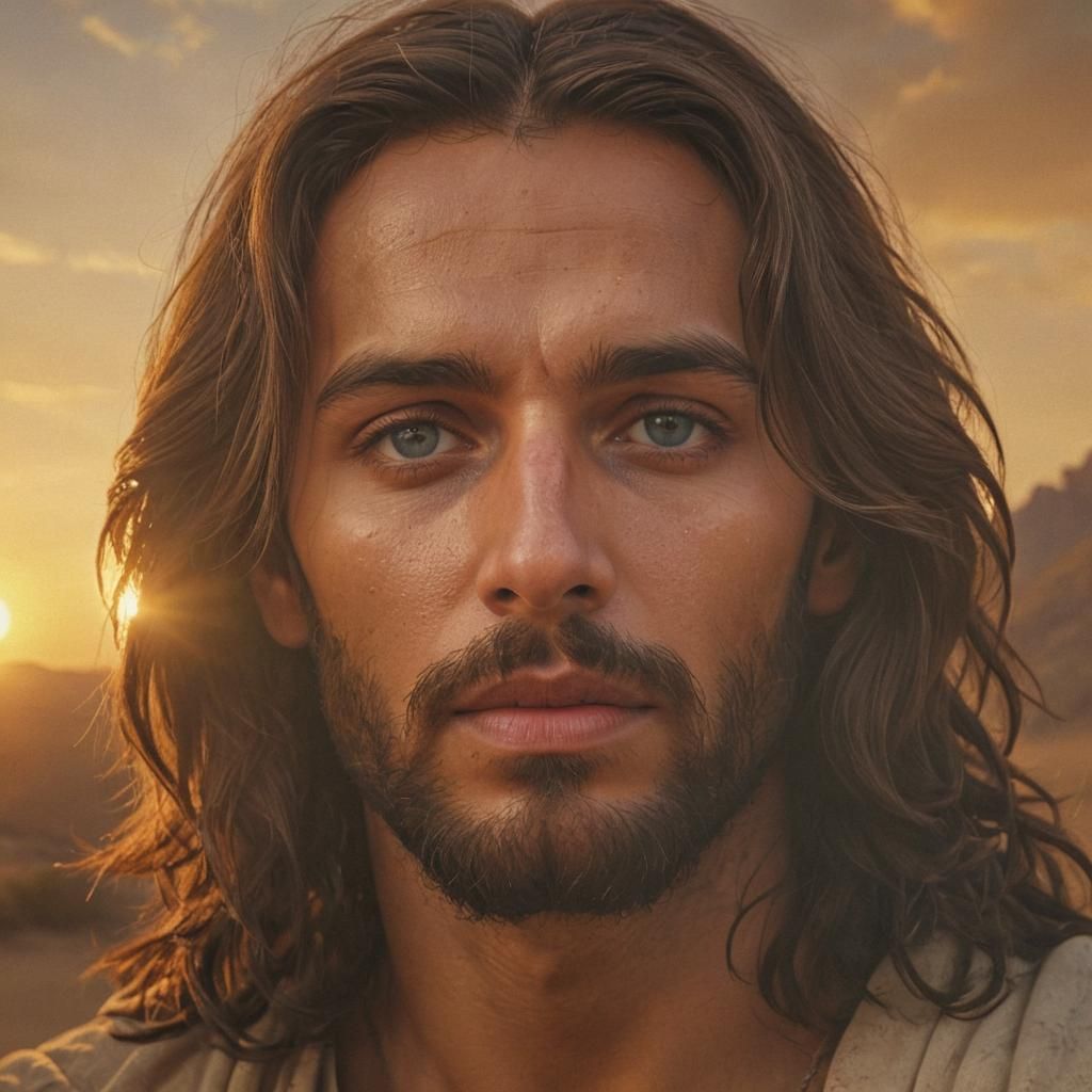 Jesus in a desert staring at you with love in his eyes