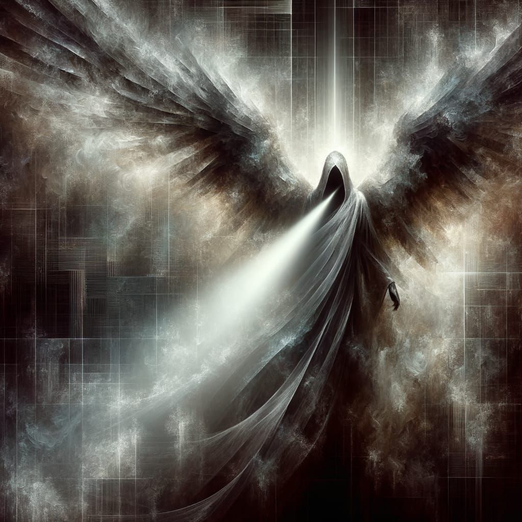 A majestic, ethereal Angel of Death, cloaked in shadows and illuminated by a single, divine beam of light. The background is a modern, abstr...