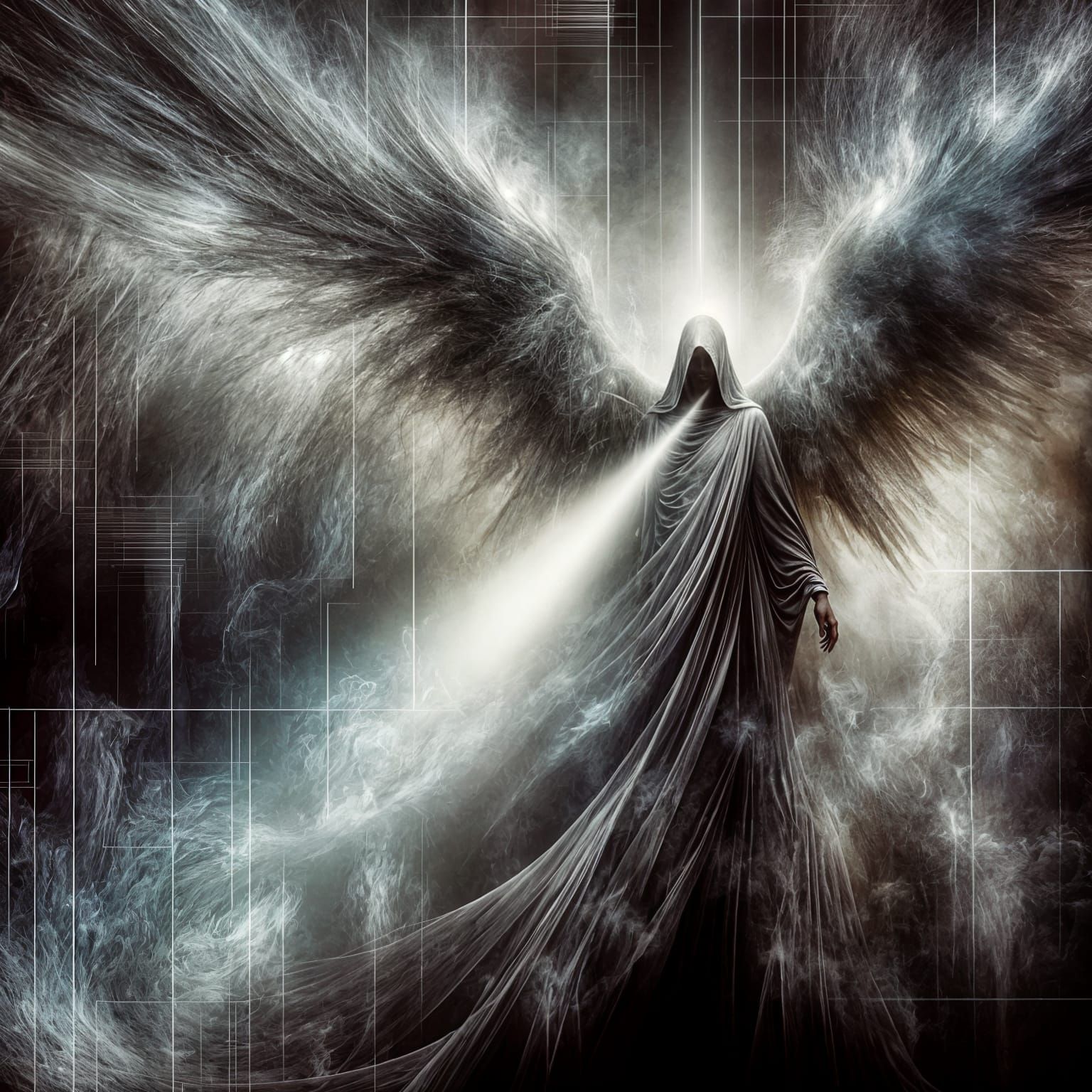 A majestic, ethereal hooded angel of light standing in swirling mist, long flowing robes and enormous smoky wings stretched wide, hyper‑deta...