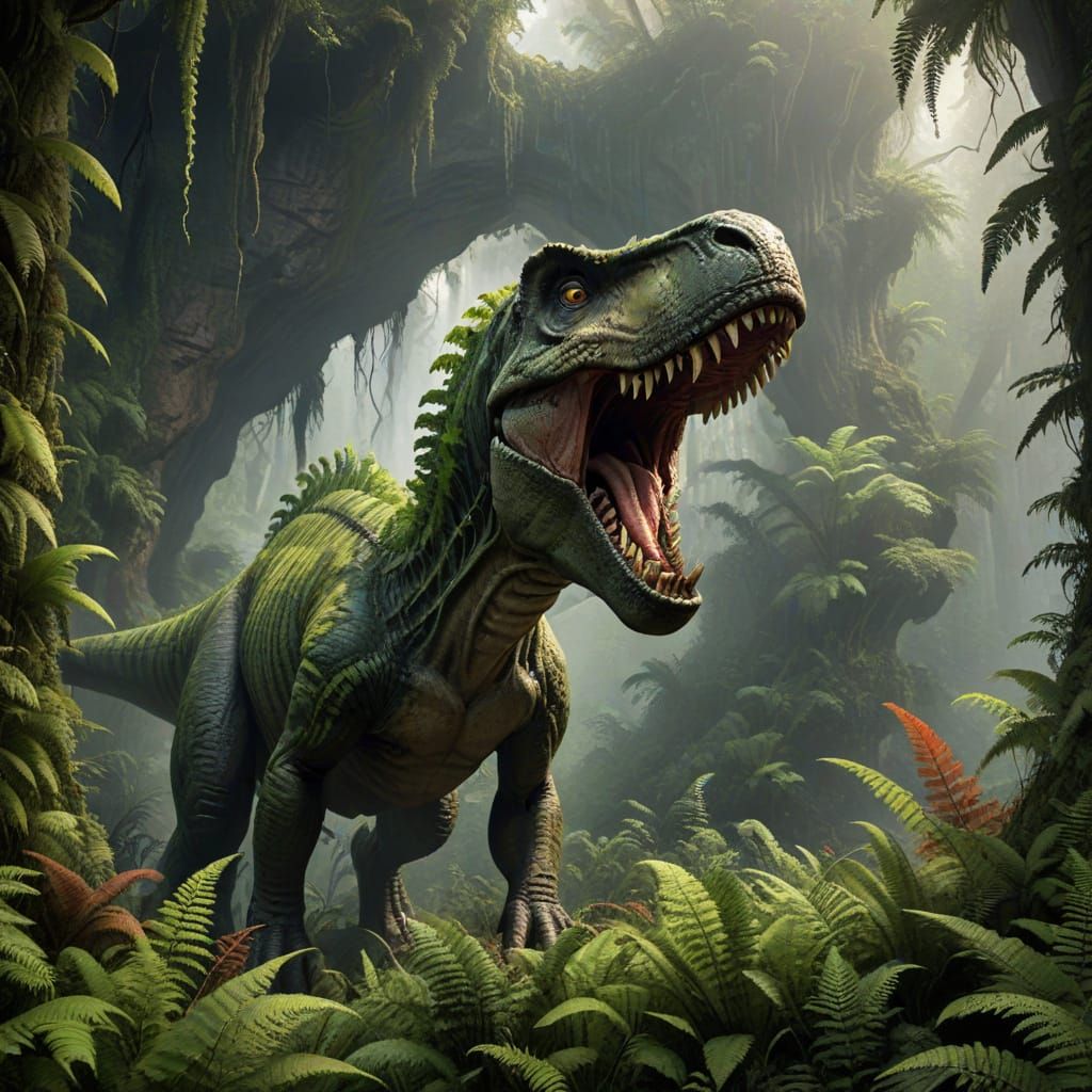 A forest filled with ferns and volcanic cliffs. Jurassic period. T-rex howling out of hunger.