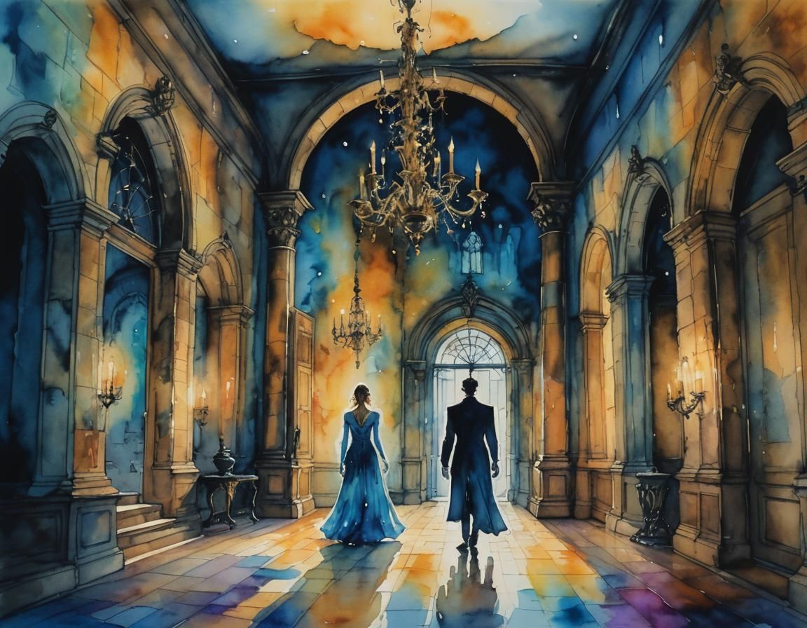 Haunting Figure in Haunted Castle: Fauvist Watercolor