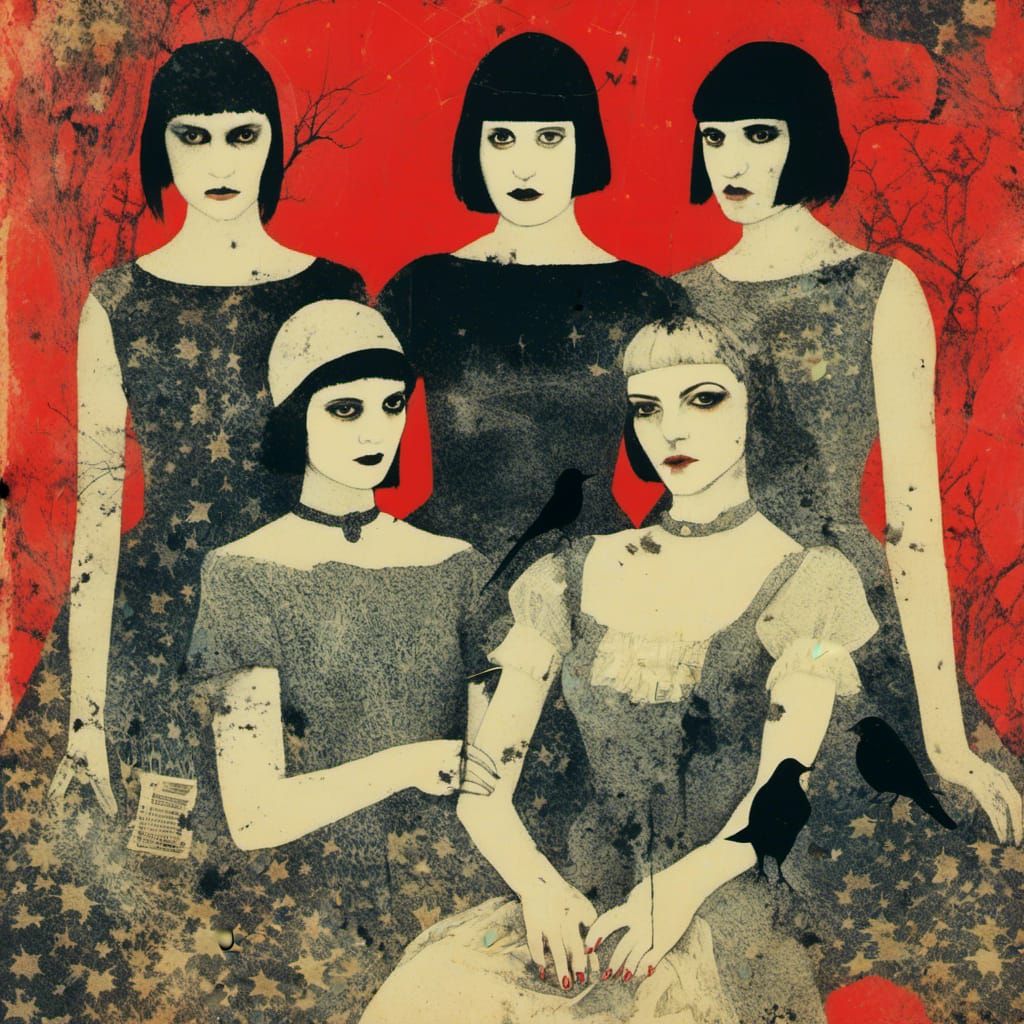 <lora:Corvidicon:1.0> gothic promo poster art featuring Sarah Salem, Cassandra Rekkt and Loosy Chill of The Cacklettes, the industrial witc...