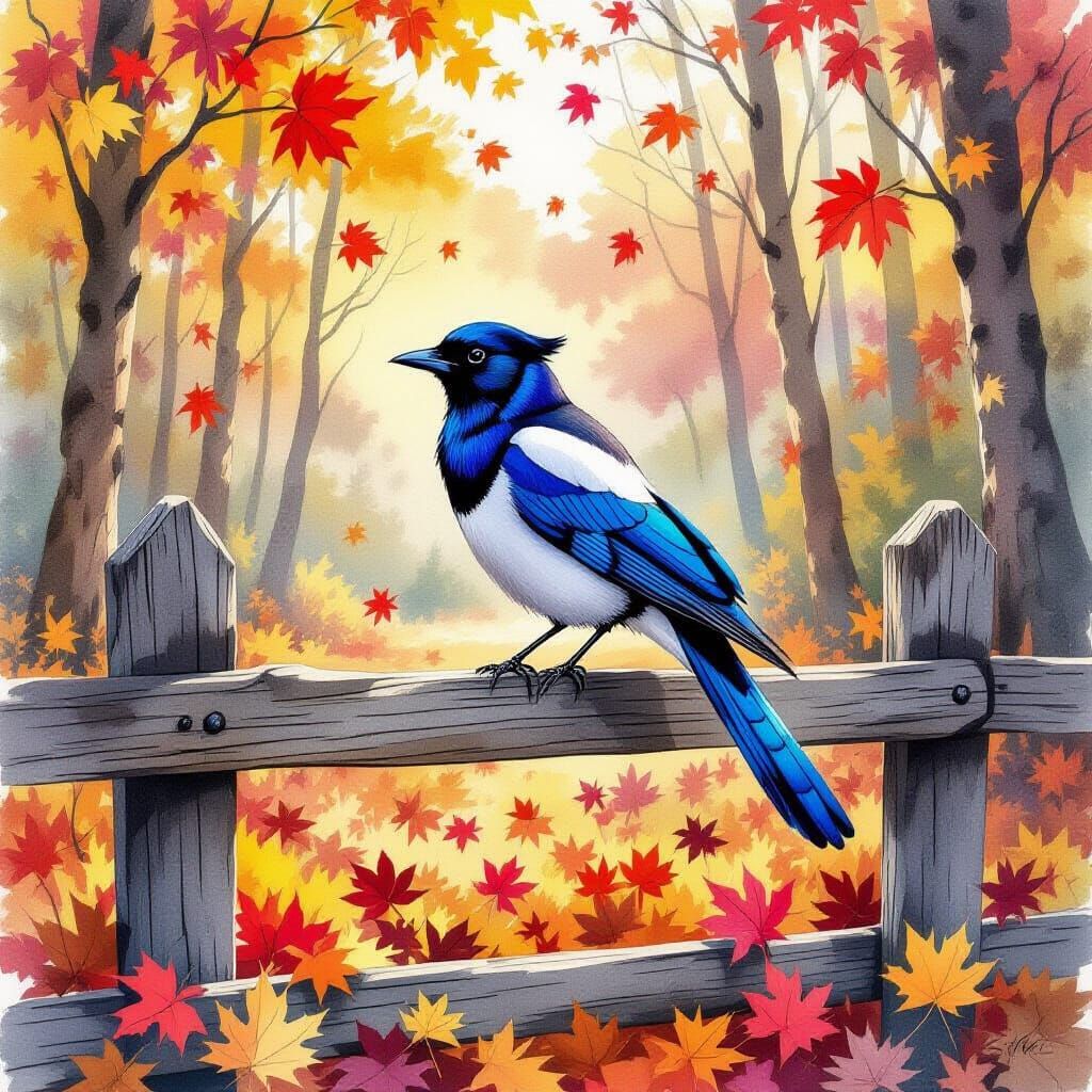 The painted smiling little winged elephant sits happily on the fence next to the magpie. - Start Image 2