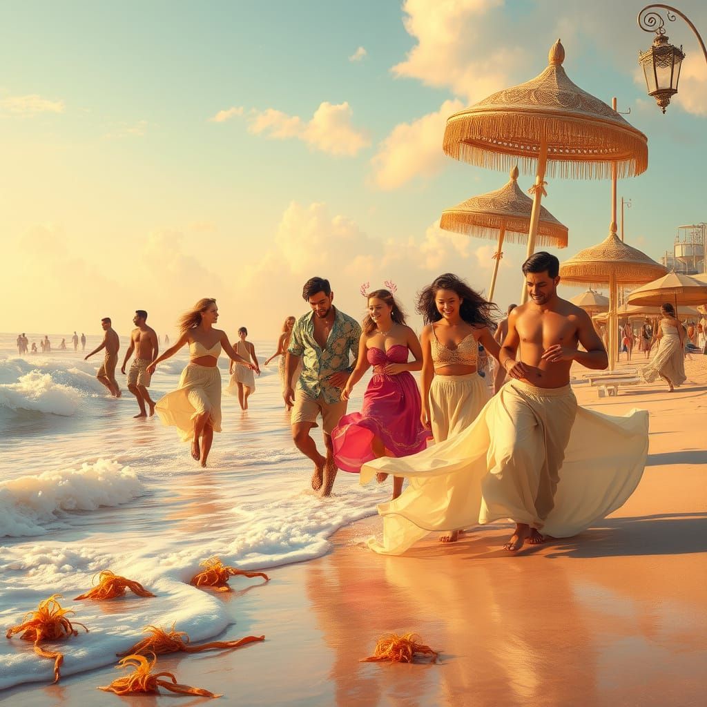 Idyllic Beach Scene with Joyful Gathering in Pastel Hues