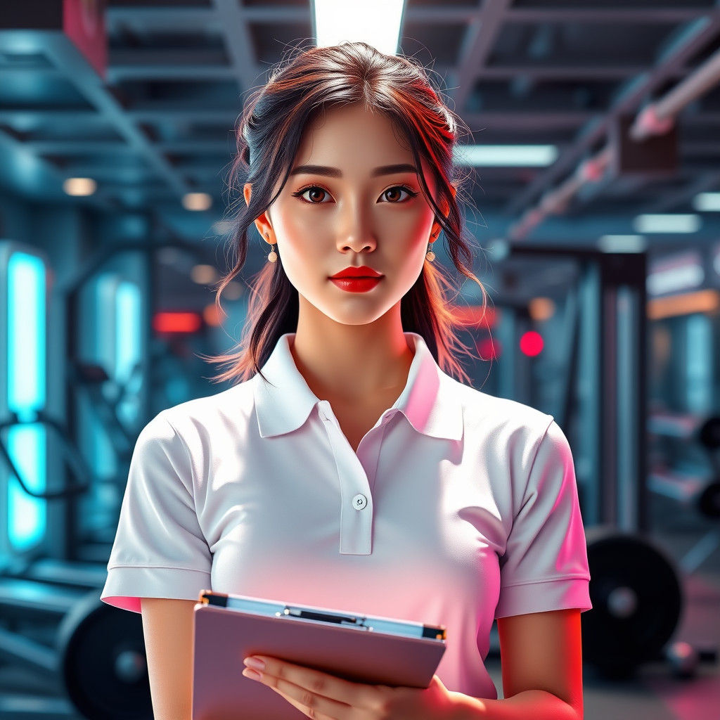 A close-up of a beautiful Asian woman who resembles Lisa from blackpink holds a clipboard at a modern gym, wearing a white polo shirt