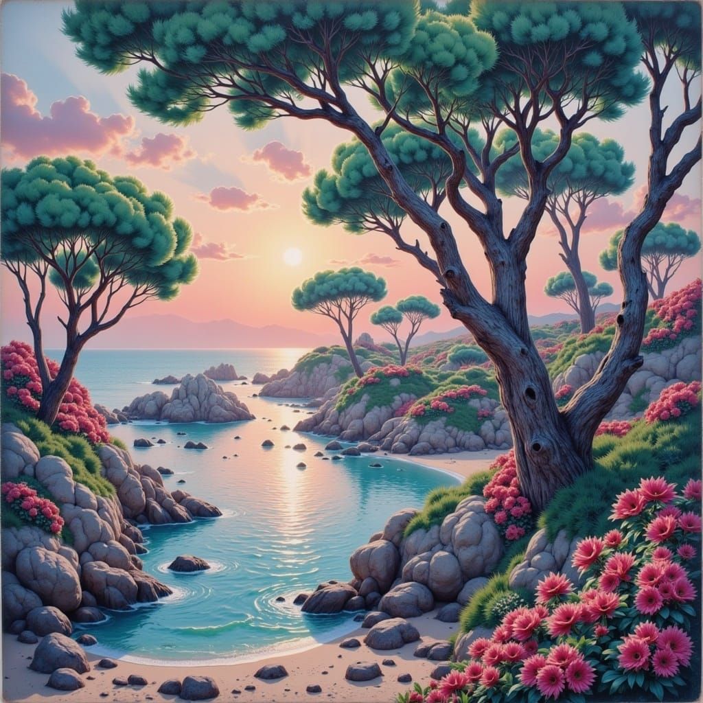 "Watercolor painting of morning Mediterranean beach overview | summer trees" wet_wash <lora:UlStyle:1.0> watercolor_on_canvas 8k resolution...