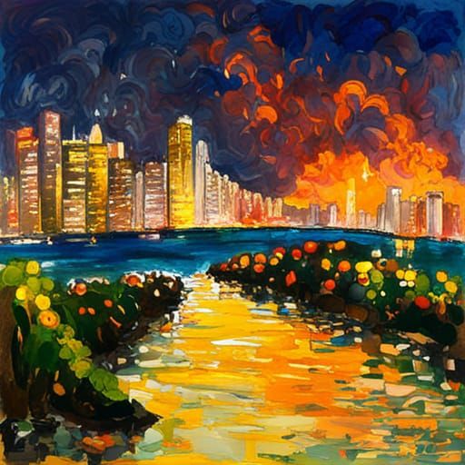 Night Cityscape with Bridge in Gouache Style