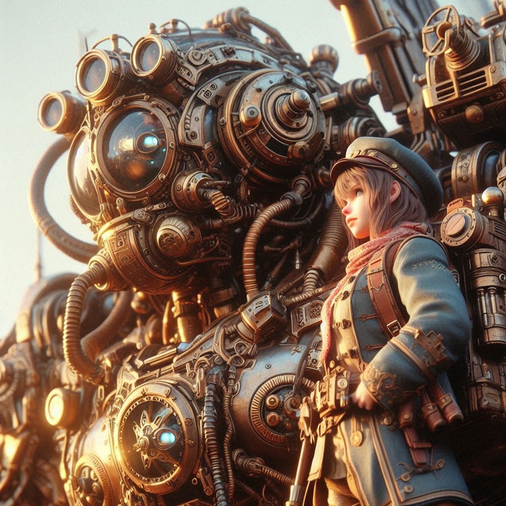 Steampunk mecha and her pilot