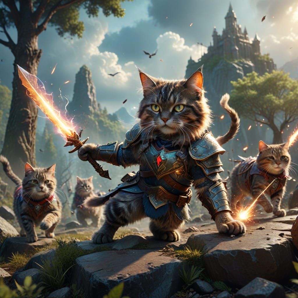 Epic Cat Battle in Fantasy Setting