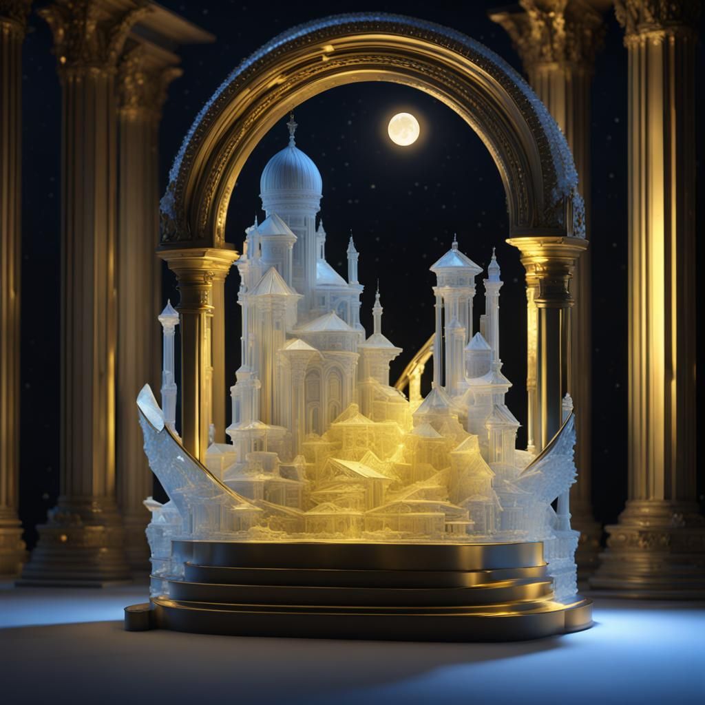 Ice sculpture of another opera house at night.