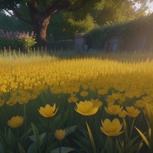 close-up of a rural garden with yellow flowers in golden hou...