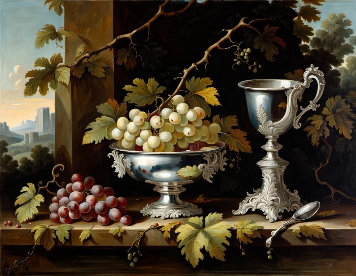 Still nature with grapes and silver cup, rococco, painting 1760 - AI ...