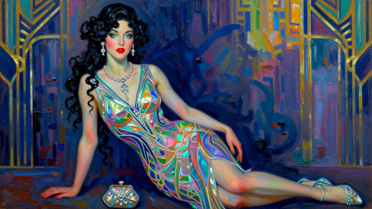 Elegant Woman in Holographic Gown with Aqua Eyes