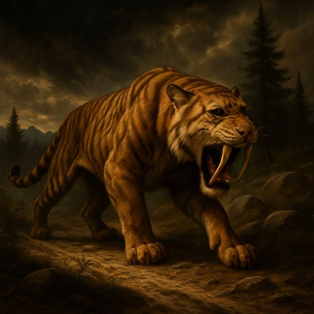 A sabertooth tiger stalks prehistoric lands  by @Tasehane
