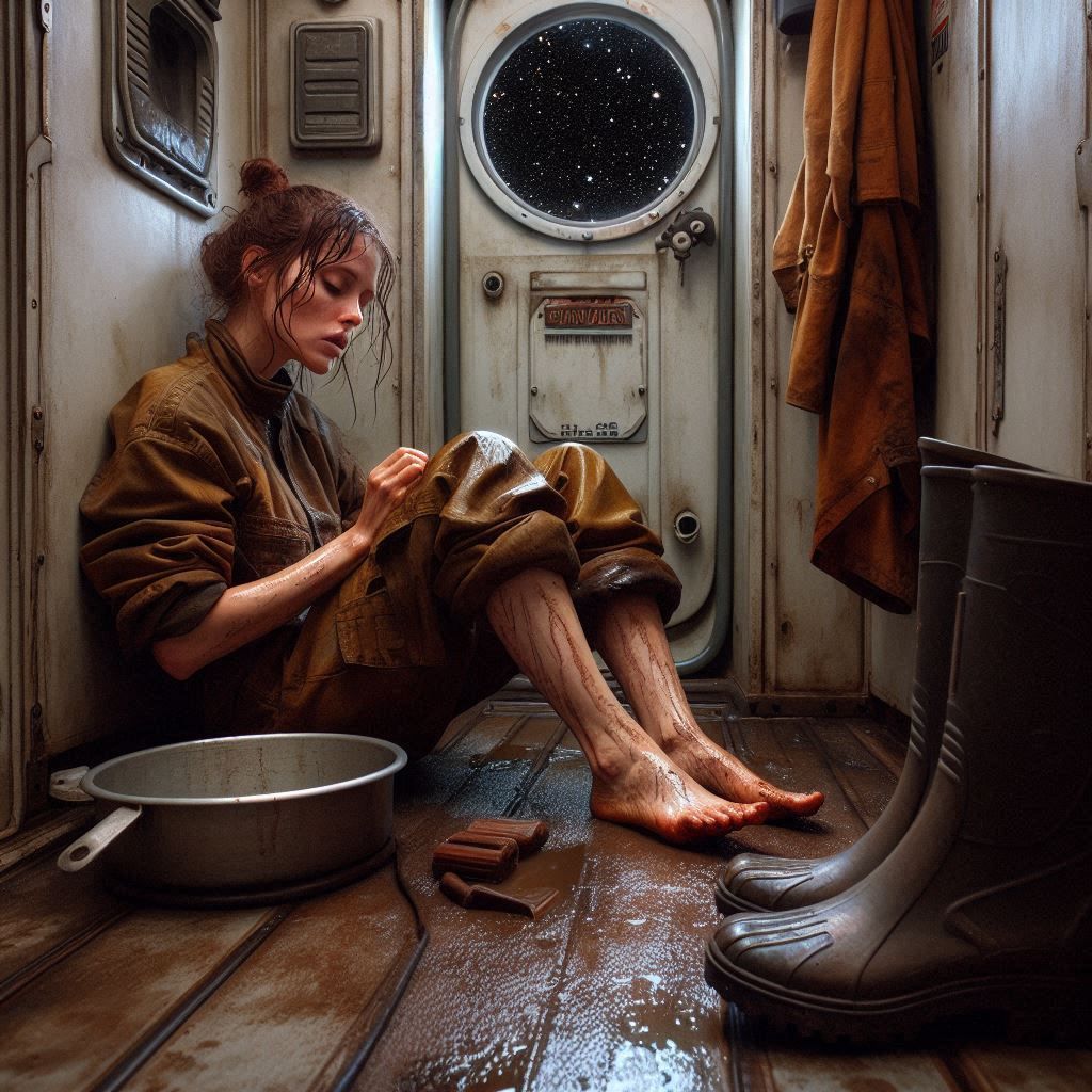 In the restroom of an old spacefreighter, a tired female wor...