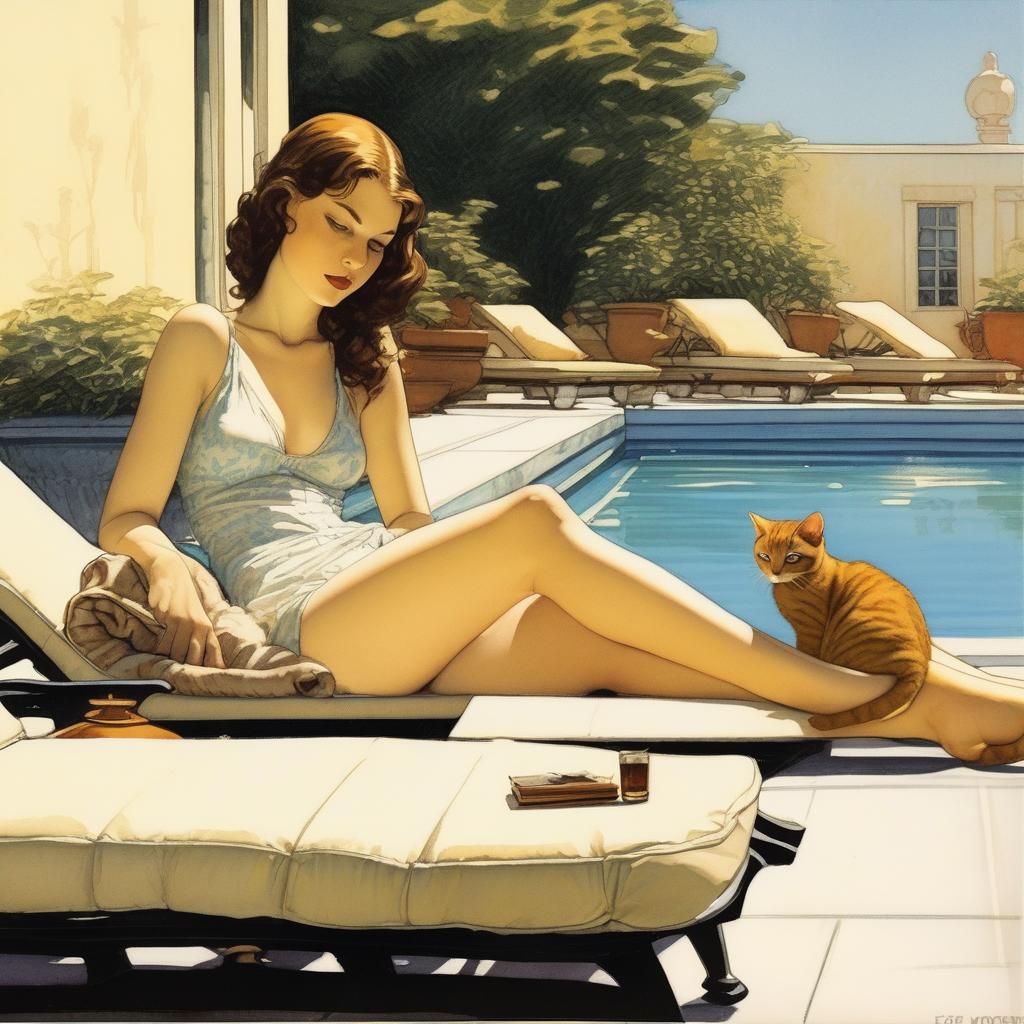 Girl and Cat Lounging Poolside, Erotic Golden Age Art