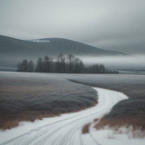 A countryside scene, with a winter frost and mist hogging the ground and the sun barely seen through the clouds.