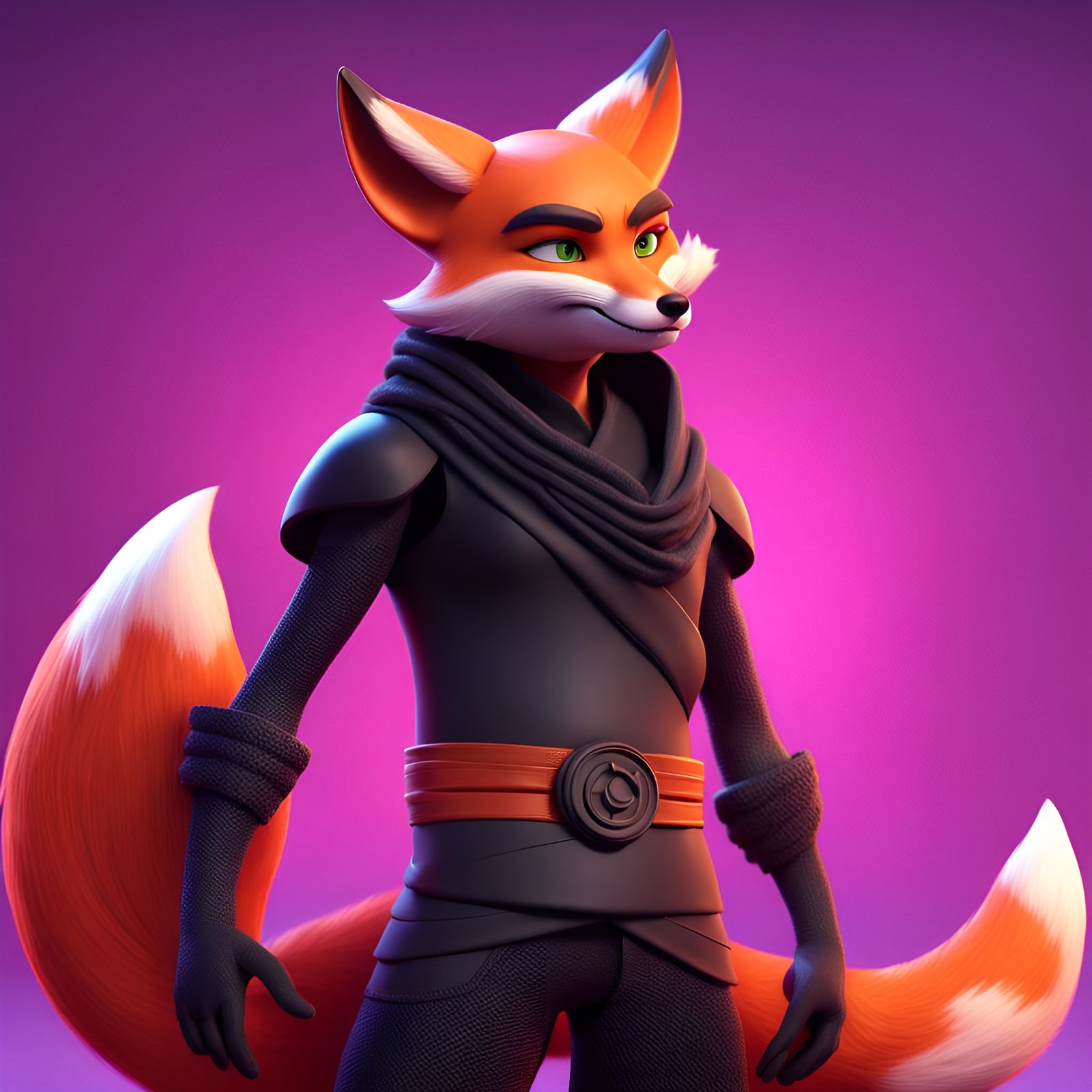 An humanized fox dressed wearing a black ninja outfit.