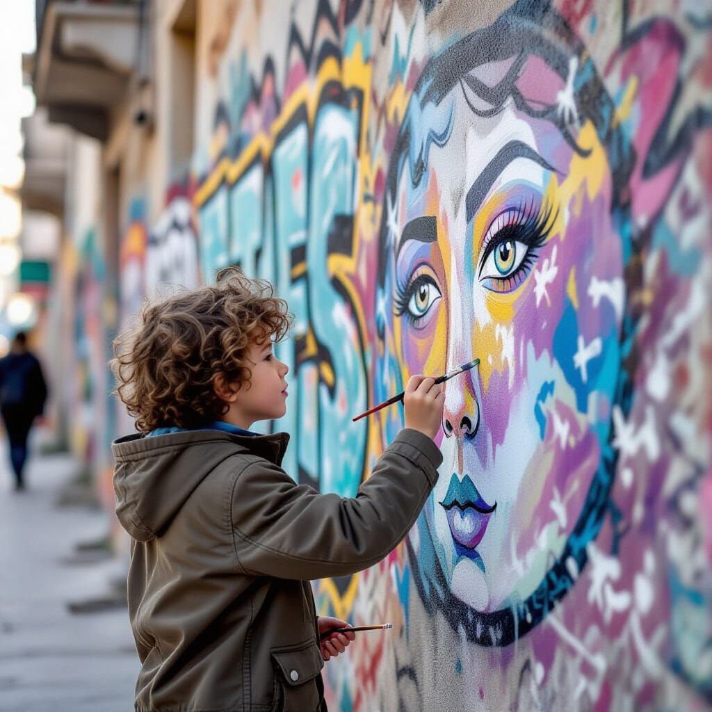 Child Paints Magical Scene on Graffiti Wall