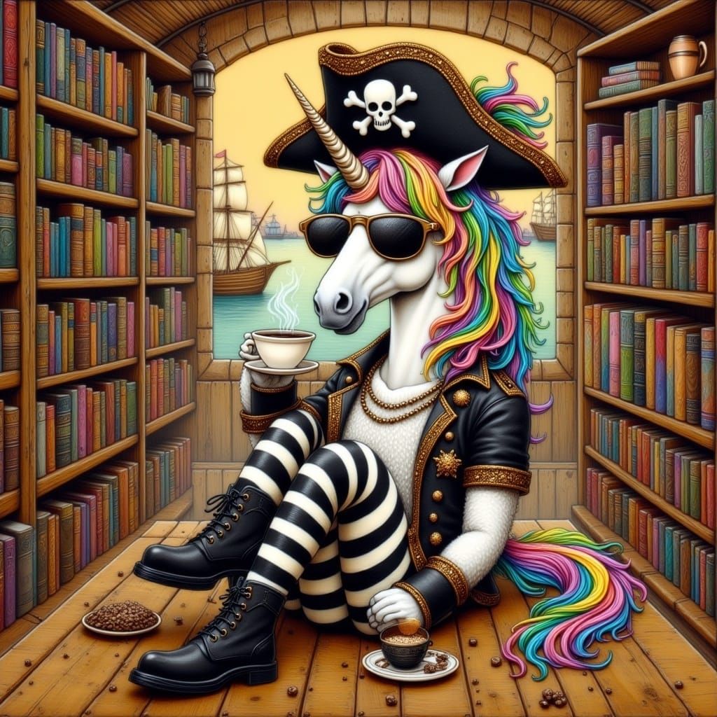 <lora:piratecritter:1.0> Unicorn pirate drinking coffee