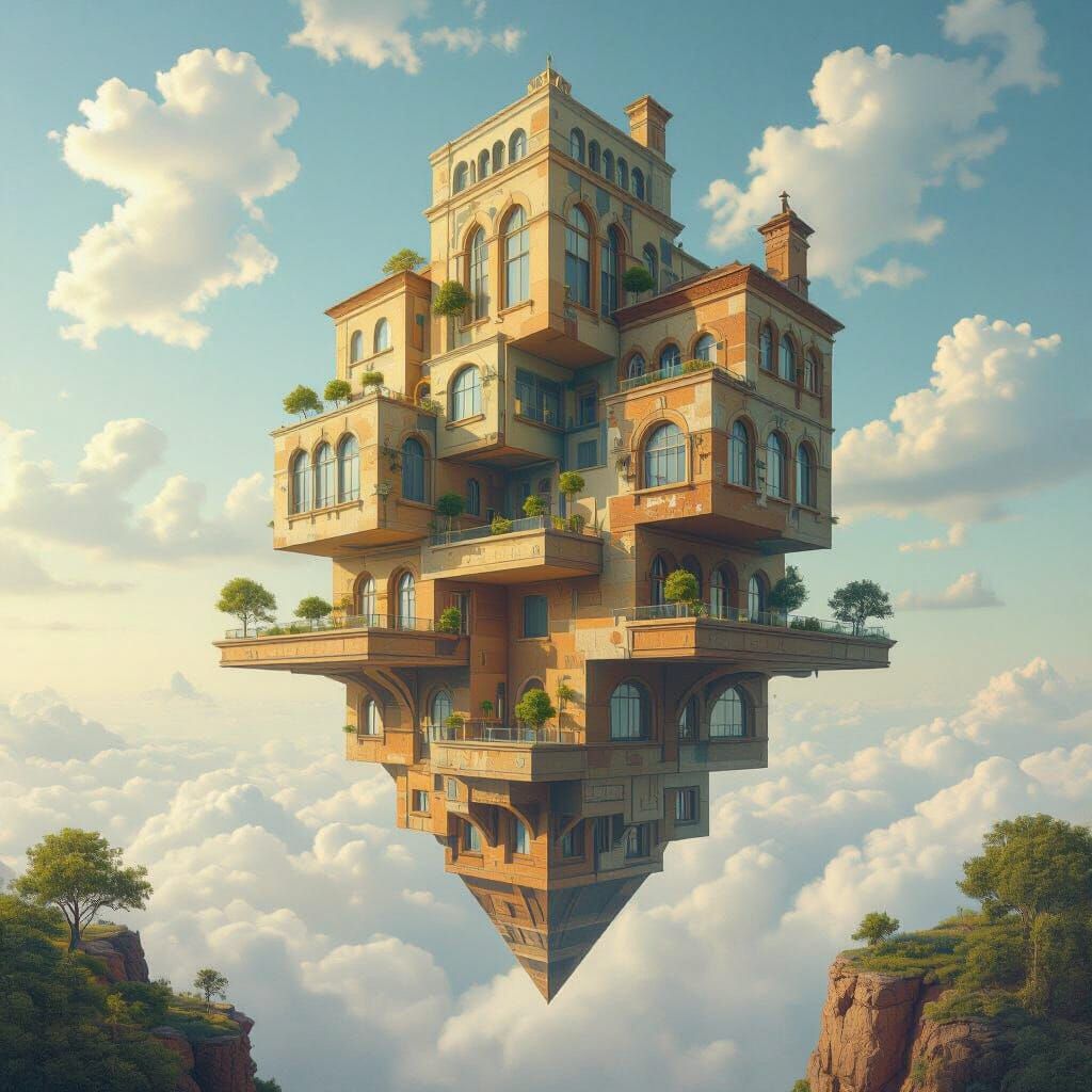Inverted Building Floating in Dreamlike Surrealist Style