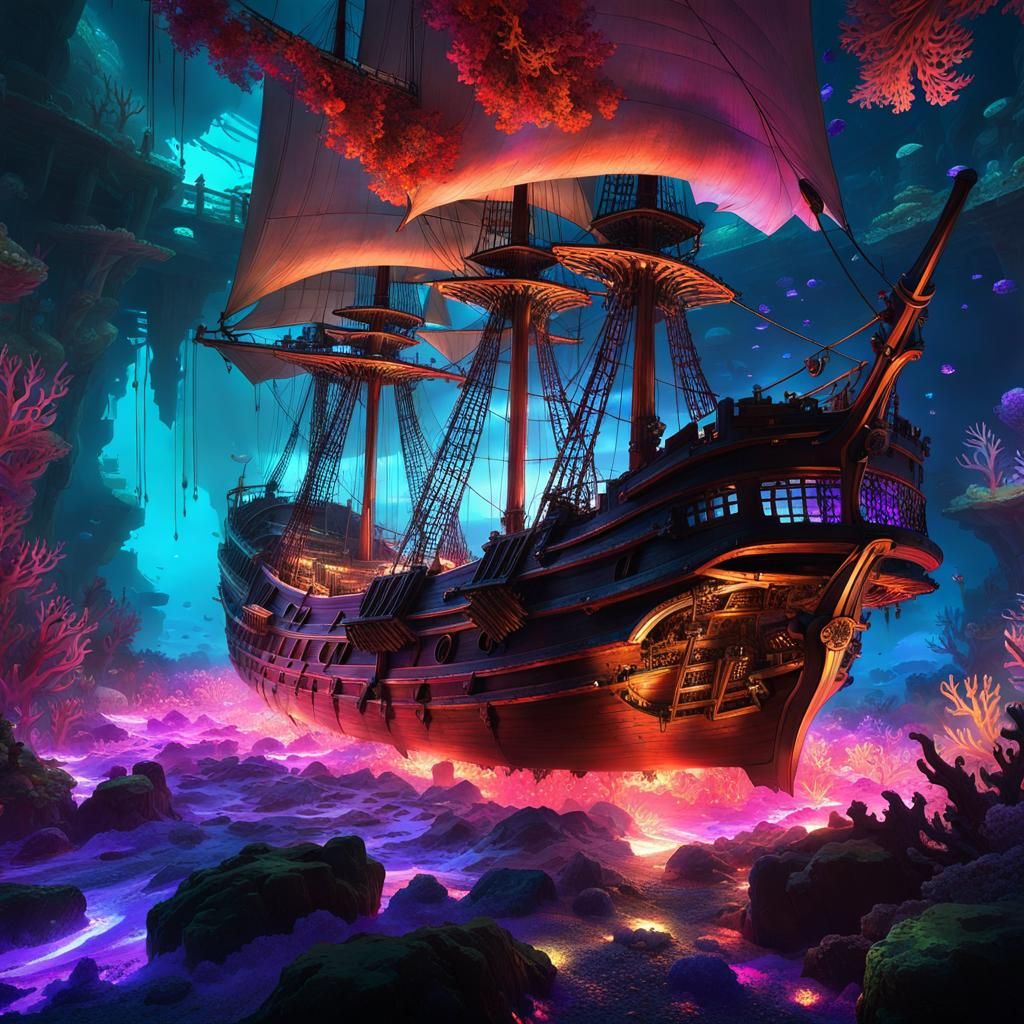 Undersea  bioluminescent shipwreck  by @OneMich01