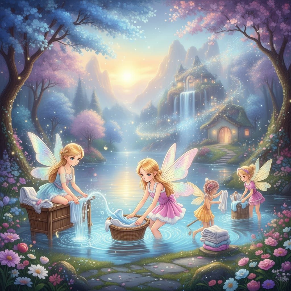 Tiny fairies doing laundry ethereal fantasy hyperdetailed mist Thomas Kinkade, cute, mystical, ethereal, dairy dust, magical