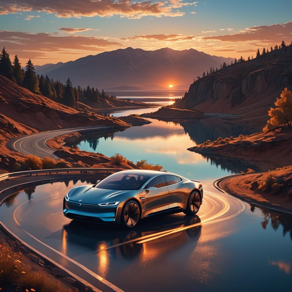 Sleek Electric Apple Car in Dreamlike Landscape