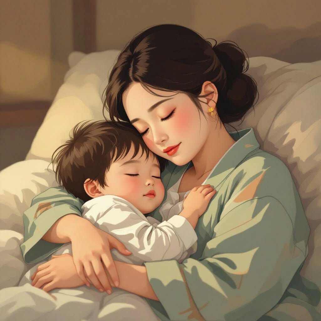 Tender Ukiyo-e Scene of Mother Holding Sleeping Son