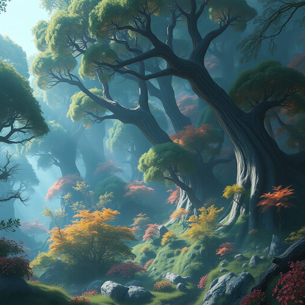 Dreamlike Fantasy Forest in Vibrant Colors and Intricate Tex...
