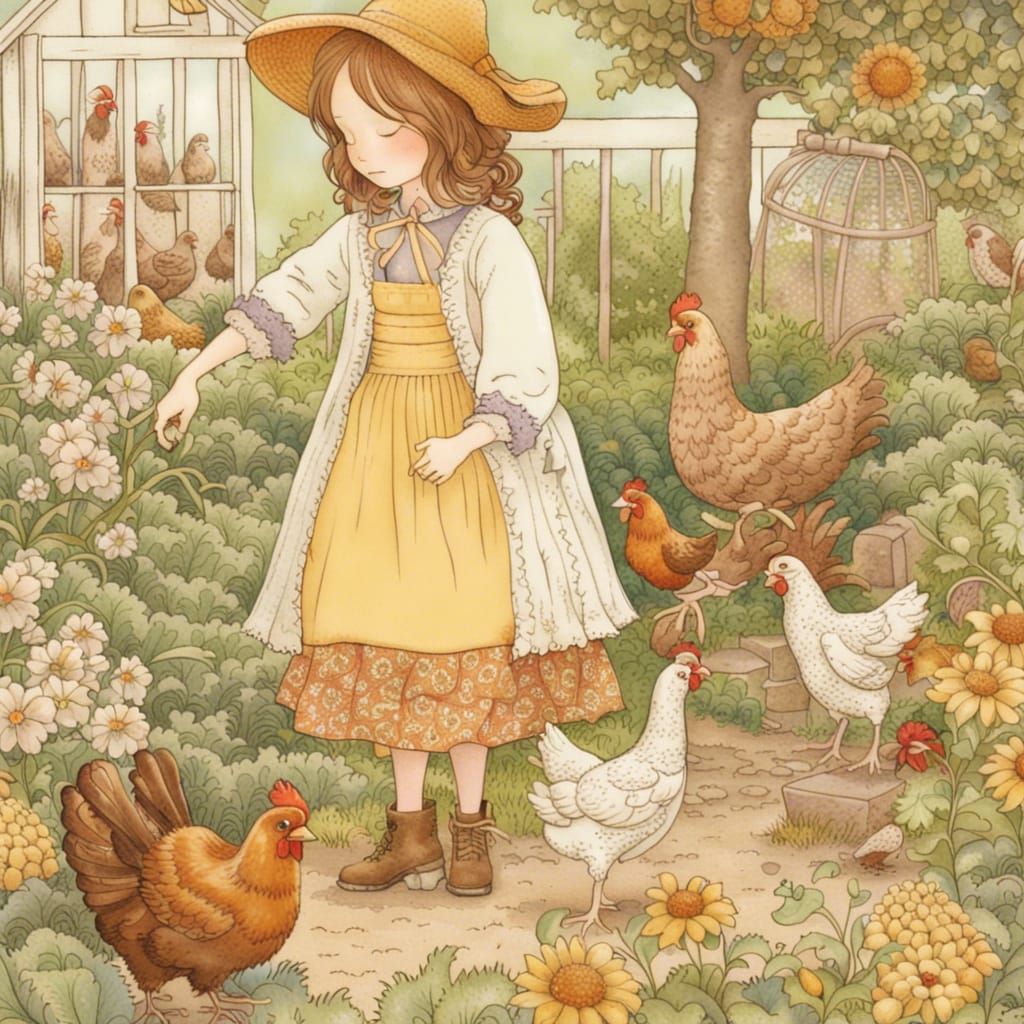 Girl in a garden with chickens  by @Romilly