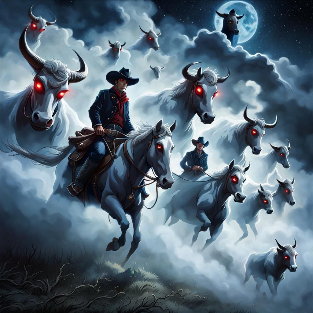 (cowboy watching ghost_cattle running far above the ground:1...