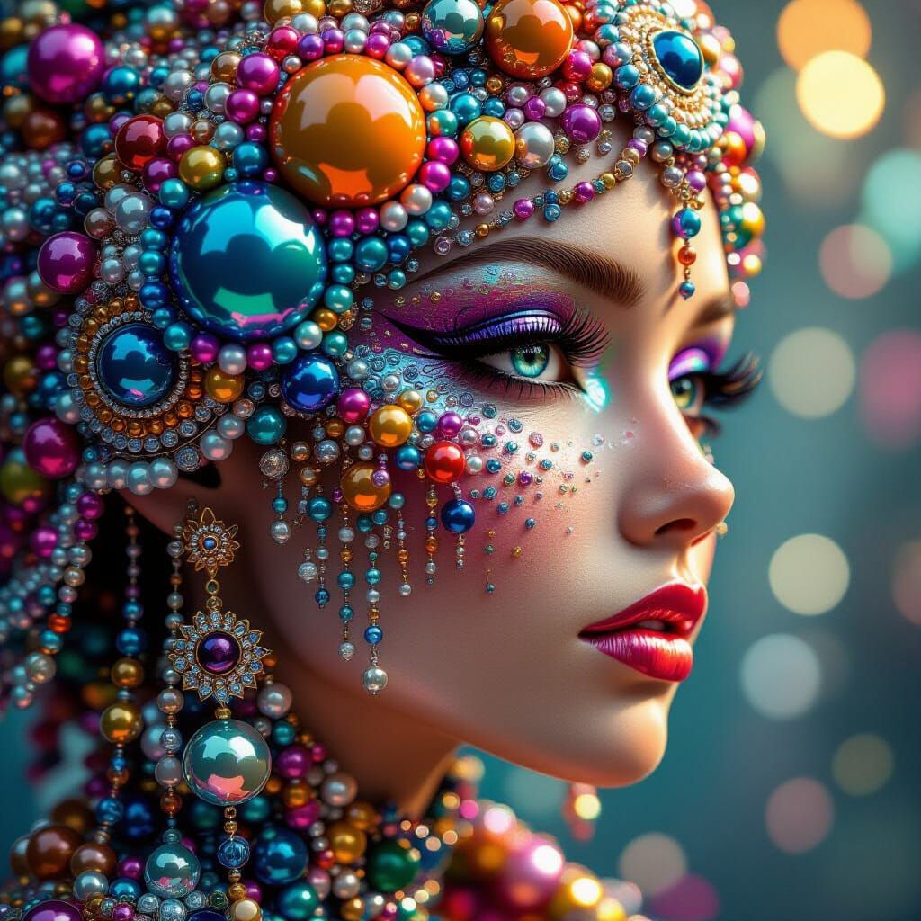 Close-up bead art showing intricate patterns of colorful beads with a shiny, glossy texture. The beads are arranged in a fantasy-inspired de...