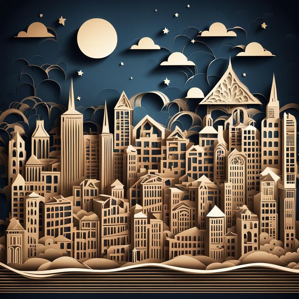 Nighttime city skyline made of cut paper