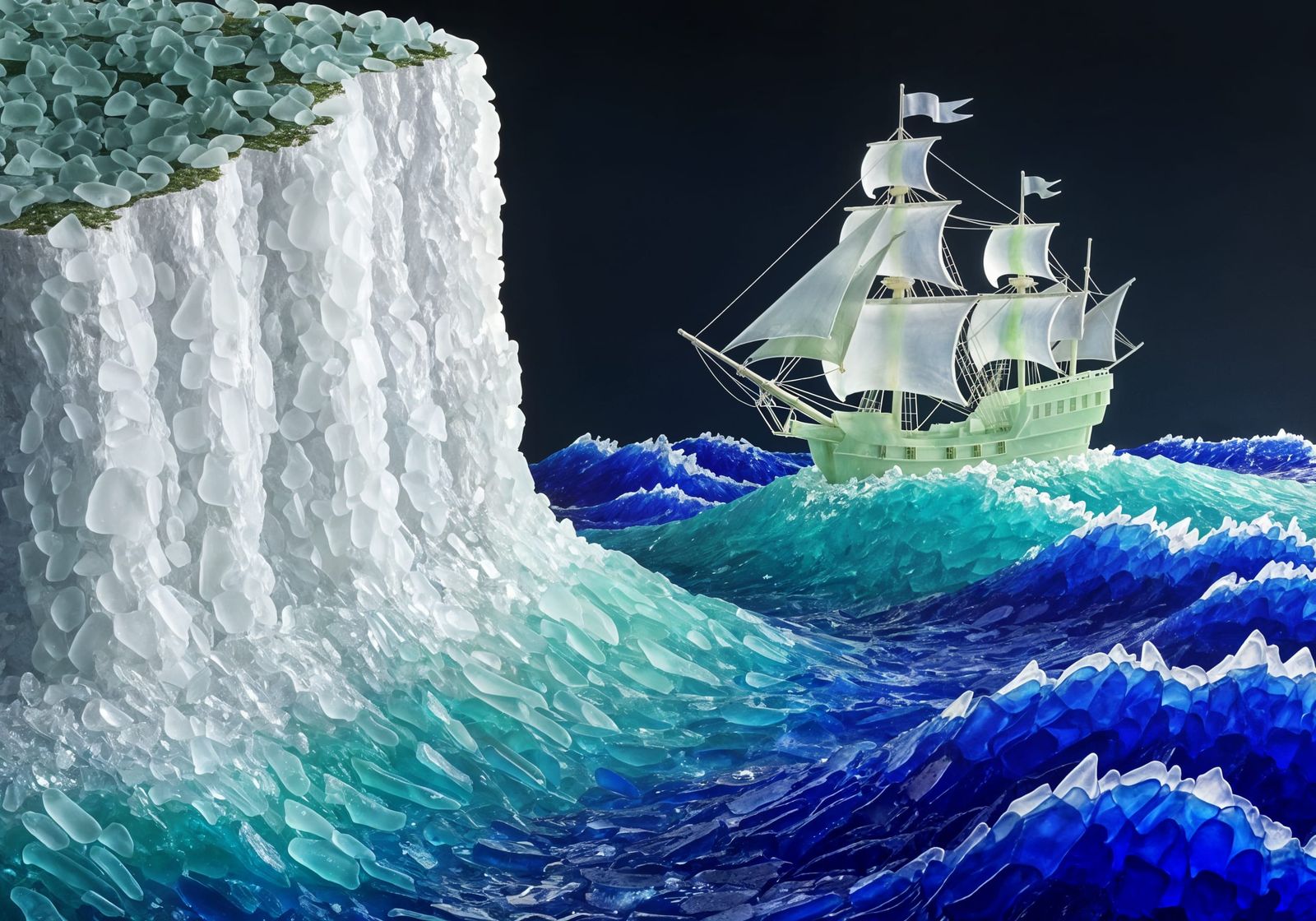 Sea Glass Galleon Sailing Rough Seas Approaching a Sea Glass Cliffside  by @AntonioF