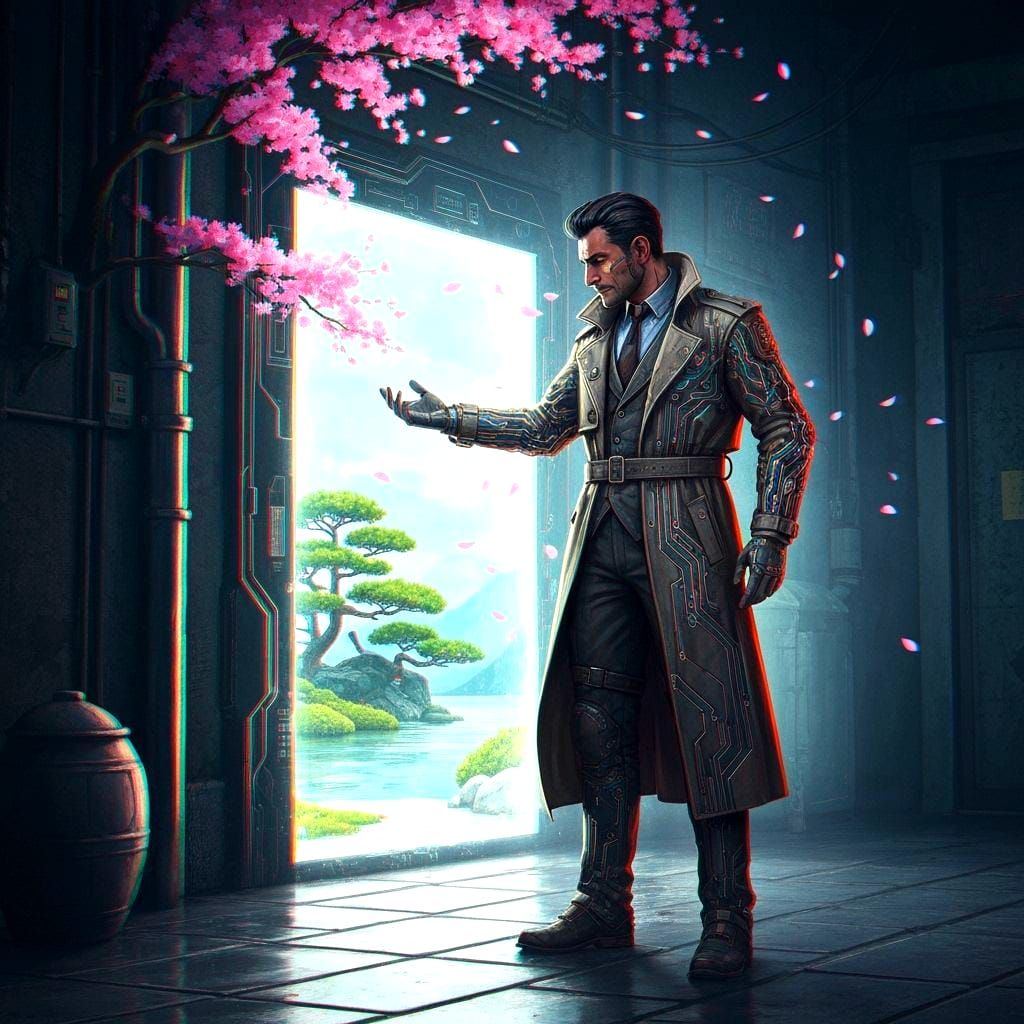 A futuristic cyberpunk detective stands in a dimly lit alleyway, investigating a shimmering portal that leads to a tranquil, ancient Zen gar...