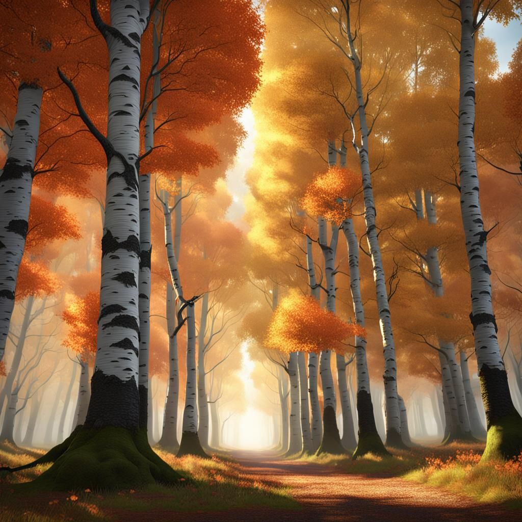 Happy Forest of fall trees with light coming through, birch trees, maple trees, oak trees  by @Gramma_to_2
