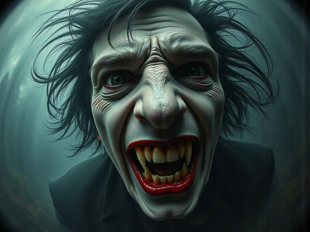 An extreme close-up fisheye lens view of a vampire <lora:Fisheye:1.3>