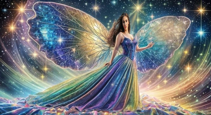 Holographic Christmas Fairy Holding a Gift in Mosaic Style