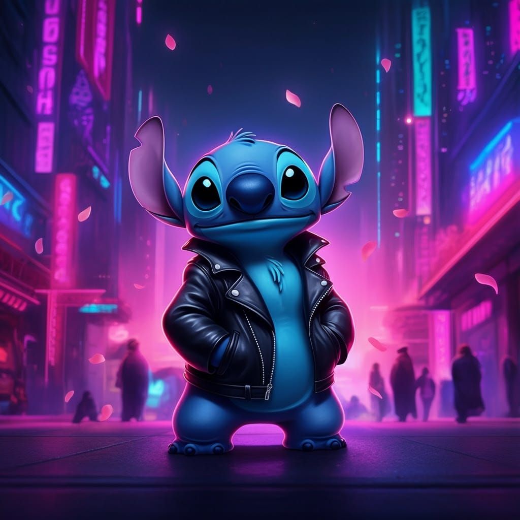 Stitch in Neon City, Cyberpunk Style