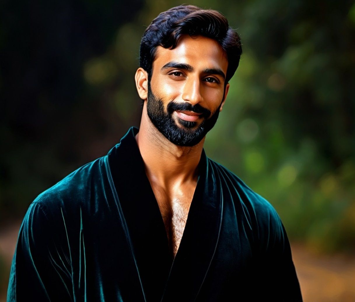 Abulfazal, a handsome bearded Pakistani in a turquoise velou...