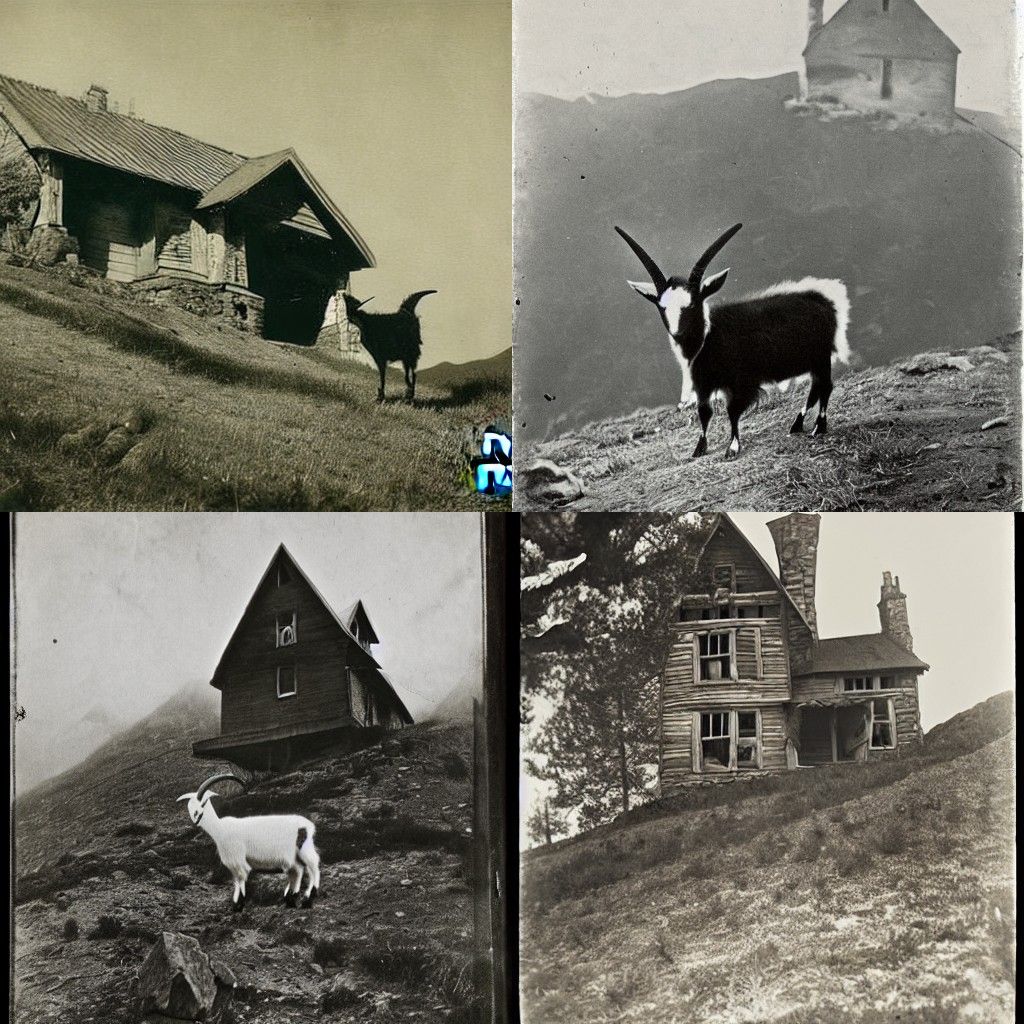 Evil goat on a mountain with a scary house 1900s photograph