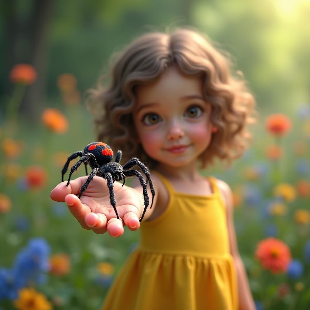 Black Widow spider sitting on a little girls hand