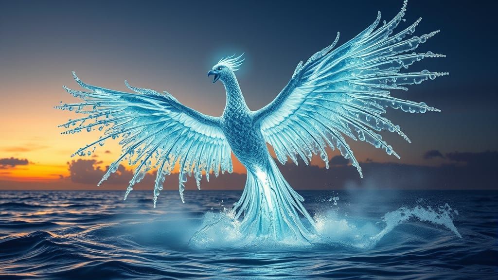 A magnificent phoenix composed entirely of water rises from an ocean whirlpool, its wings spreading wide ...  by @realdealiom