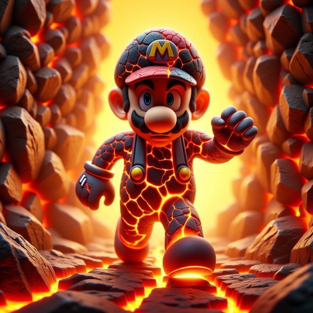  <lora:Magmafication Flux:1.0> Luigi running toward the camera, made out of cracked magma