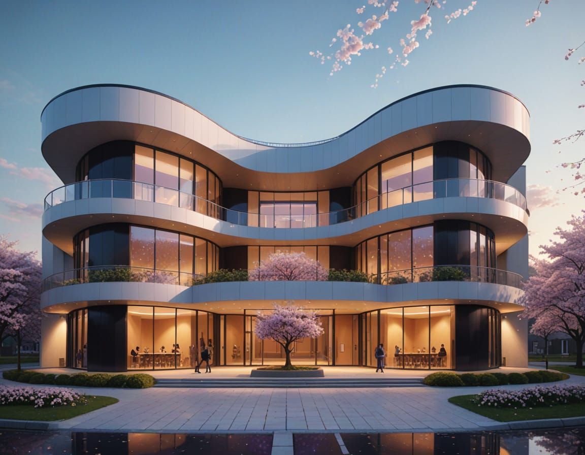 Hyper-Realistic School with Cherry Blossoms in Golden Hour L...