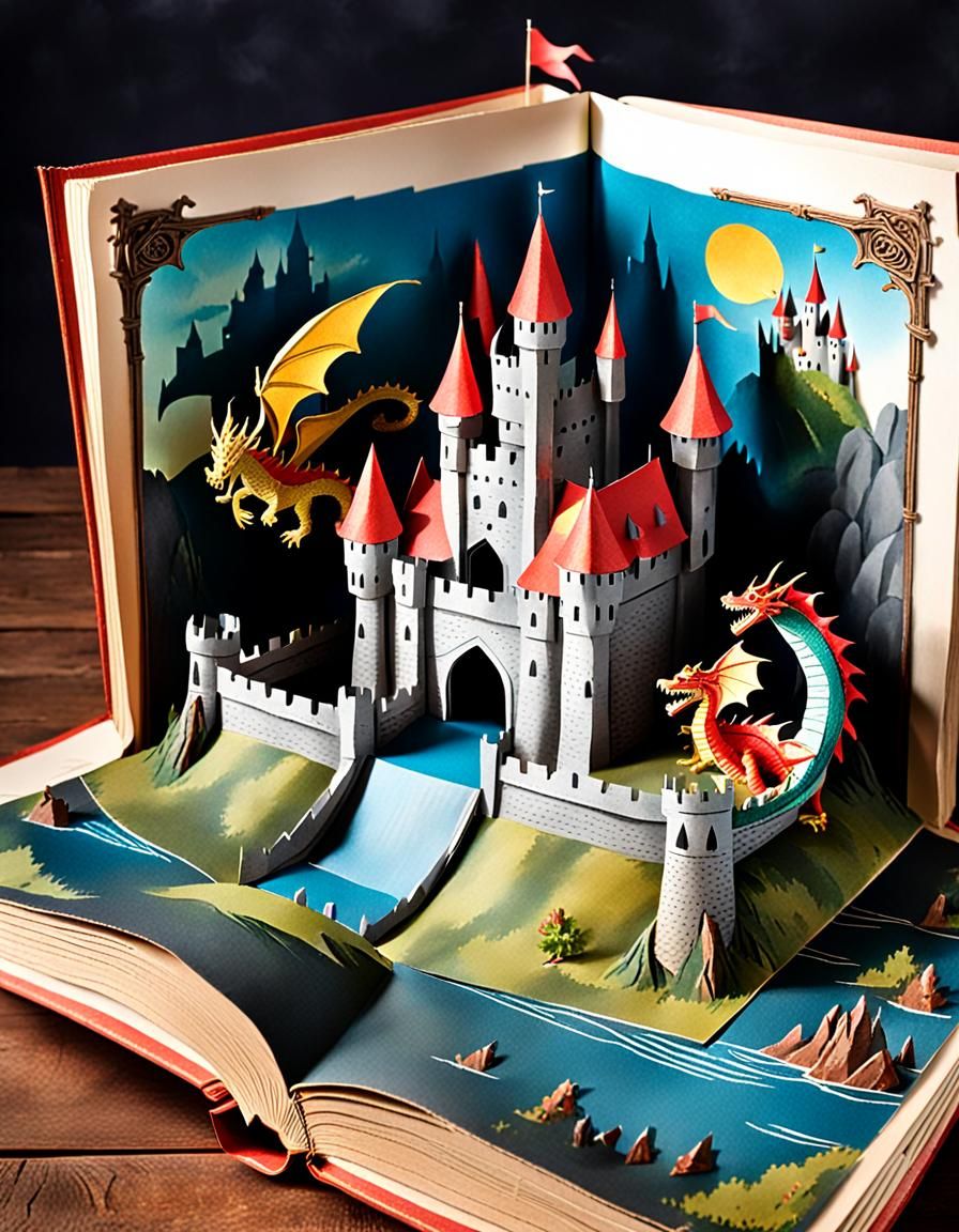 an old book open  with a castle and dragon pop up scene